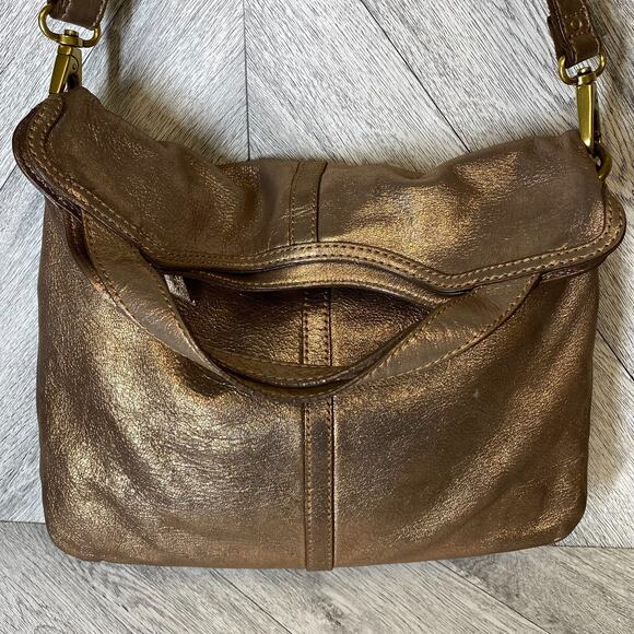 Fossil Bronze Rose Gold Metallic Leather Magnetic Erin Foldover Crossbody Bag - Picture 1 of 16
